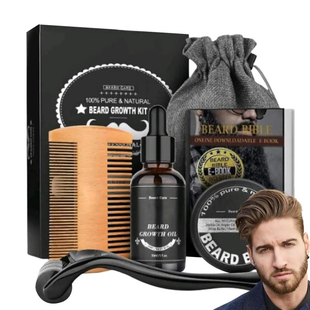 Beard growth kit with comb, oil, and e-book on a white background