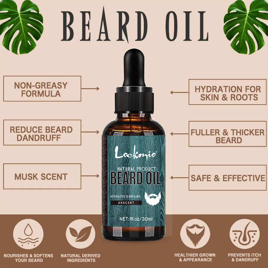 Beard oil bottle with features listed on a beige background