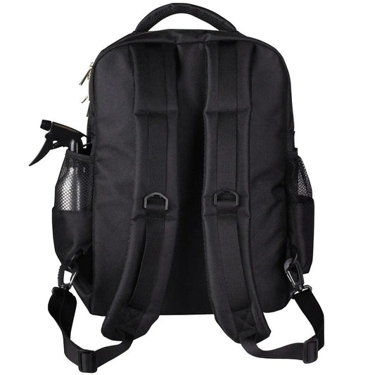 Black backpack with multiple pockets and straps on a white background