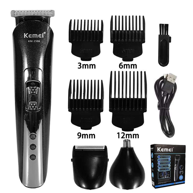 Kemei hair trimmer set with attachments and packaging on a white background