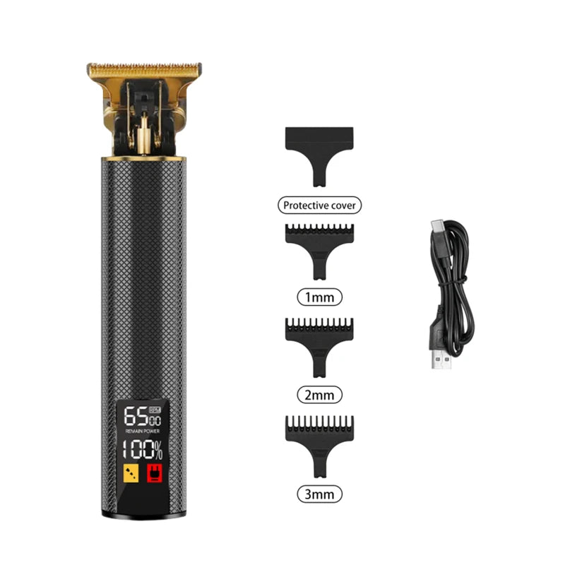 Hair trimmer set with attachments and cable on a white background