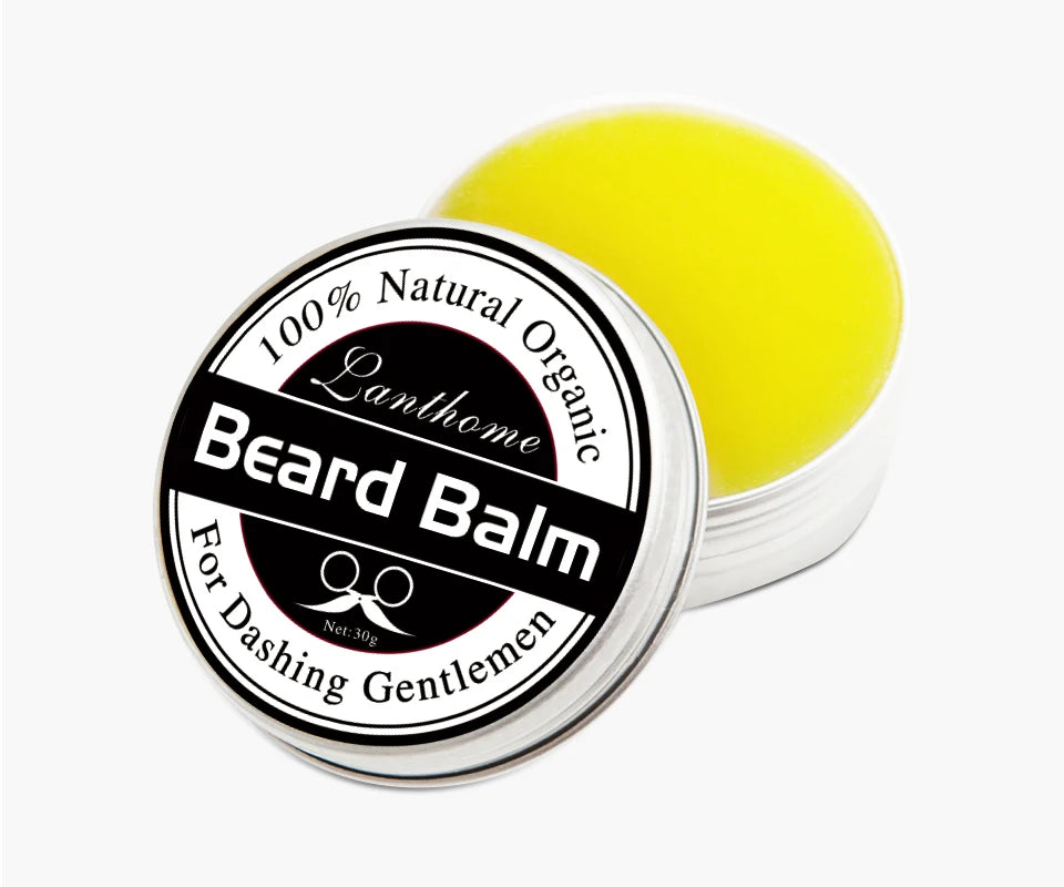 Beard balm container with yellow balm on a white background