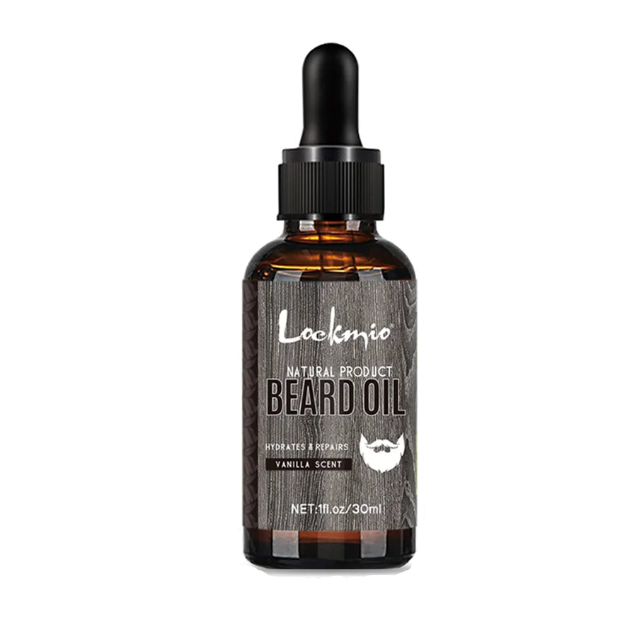 Bottle of Lockenio hydrating vanilla scented beard oil on a white background