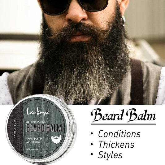 Beard balm packaging with a Man who has a really think looking beard