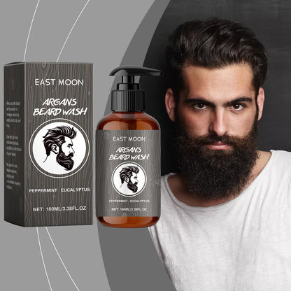 Beard wash product with packaging and a man with a beard on a gray background