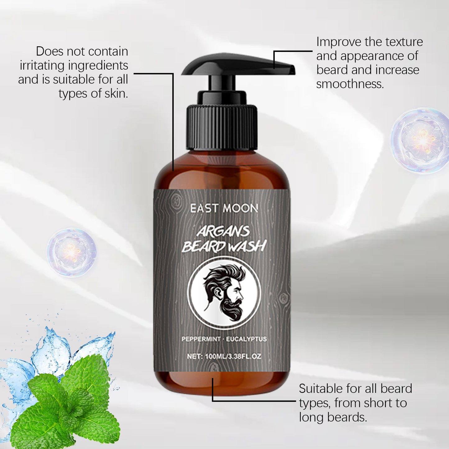 Bottle of East Moon Argan Beard Wash with text highlighting benefits on a light background