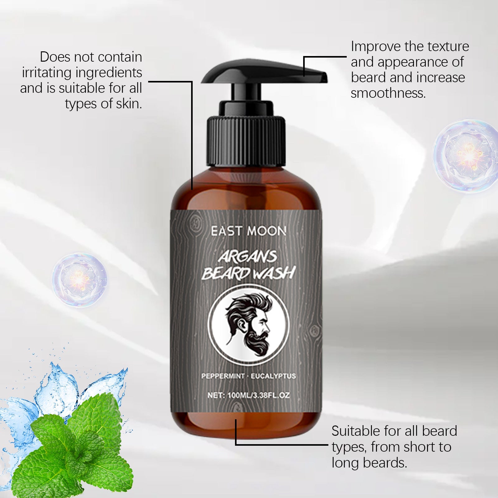 Bottle of East Moon Argan Beard Wash with text highlighting benefits on a light background