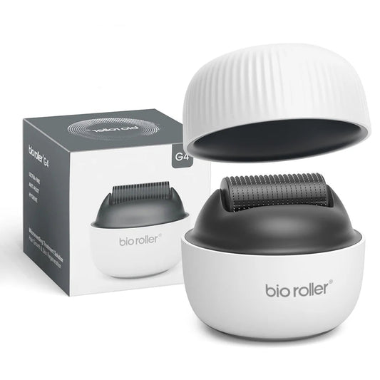 Bio roller with open lid showing 1200 pins and packaging on a white background
