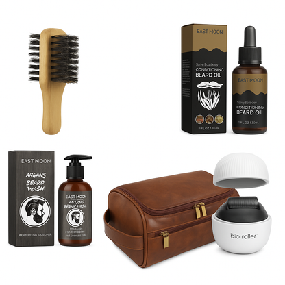 Collection of beard care products including a brush, oil, wash, and grooming tools on a white background.