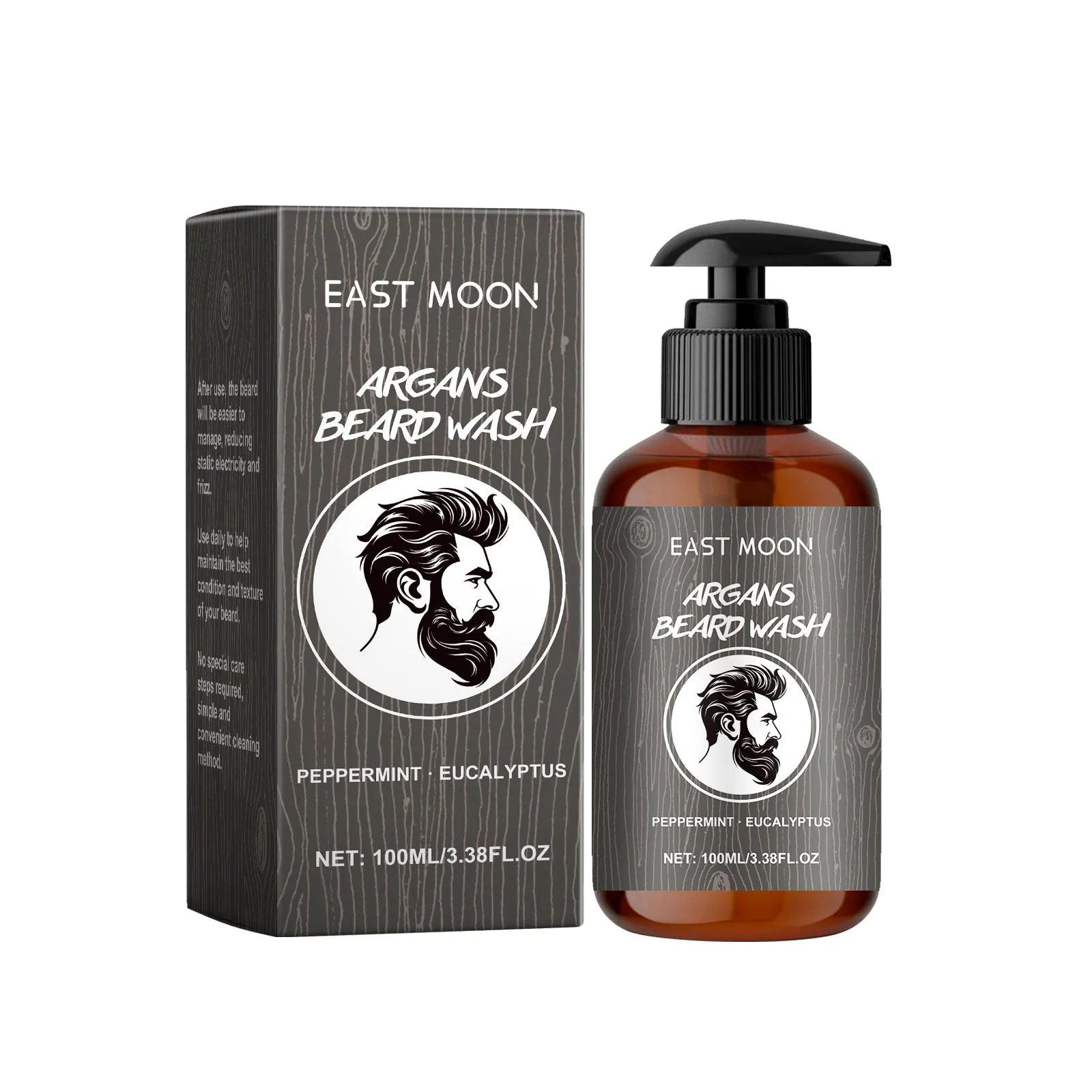 East Moon Argan's Beard Wash bottle and packaging on a white background