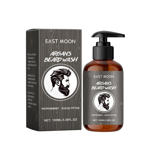 East Moon Argan's Beard Wash bottle and packaging on a white background