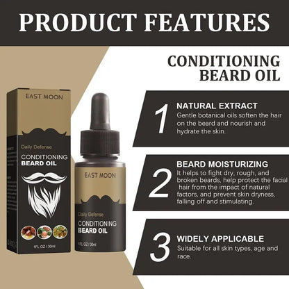 East Moon Conditioning Beard Oil with packaging and product features on a beige and black background