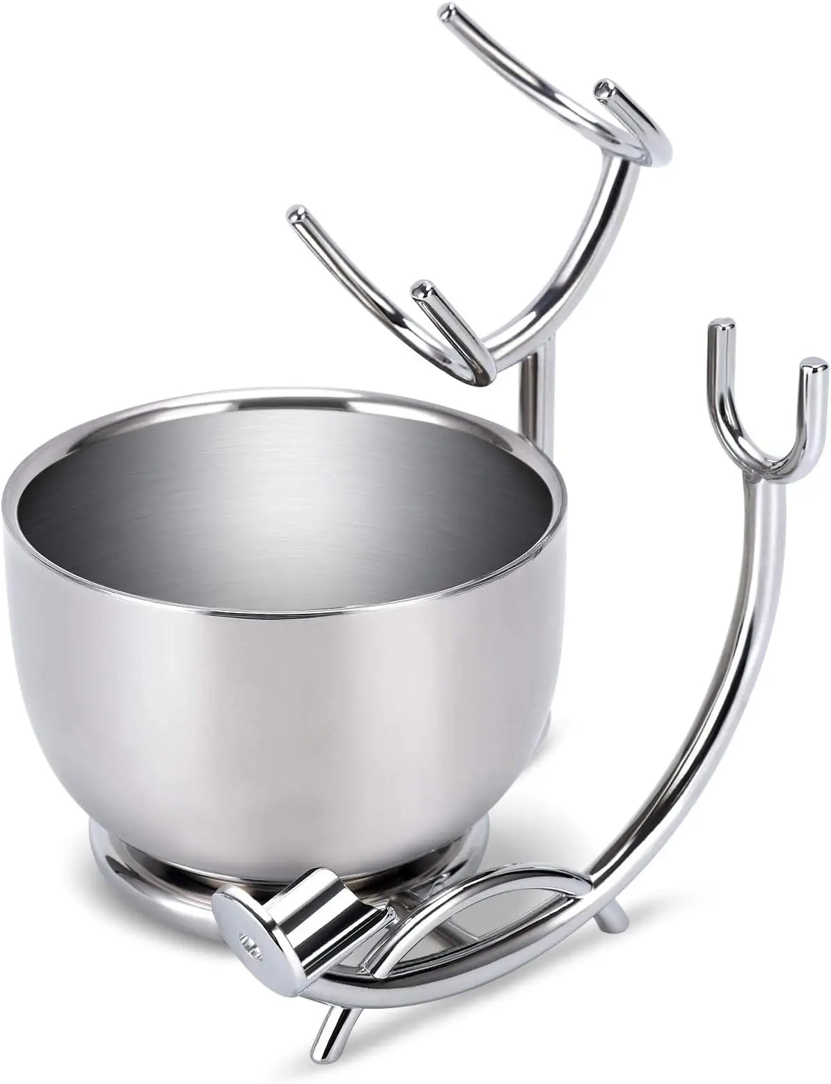 Stainless steel bowl with serving utensils on a white background