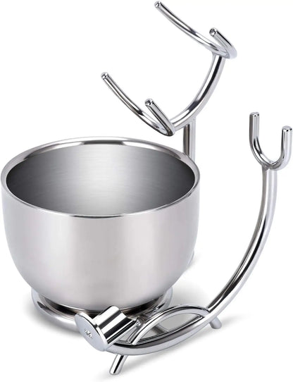 Stainless steel bowl with serving utensils on a white background