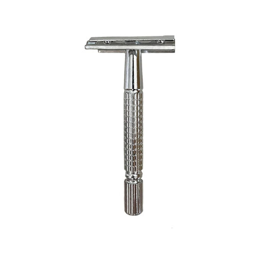 Silver safety razor on a white background