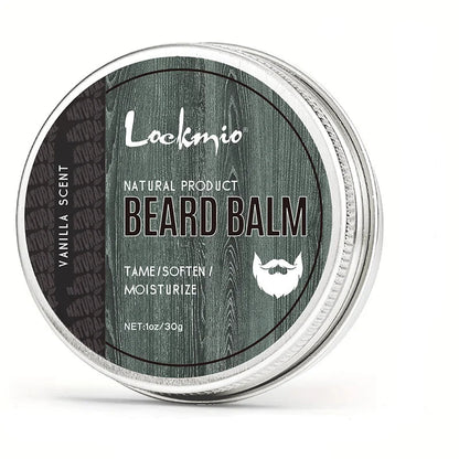 Beard balm container with 'Lockmio' branding on a white background