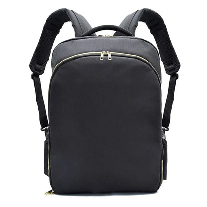 Black backpack with zippers on a white background