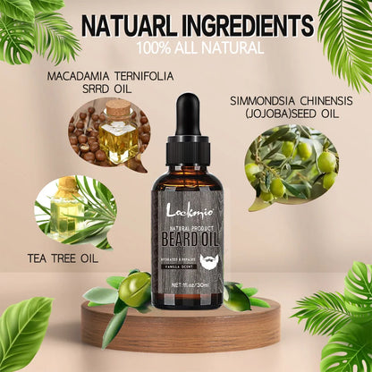 Beard oil bottle with natural ingredients on a beige background with green leaves.