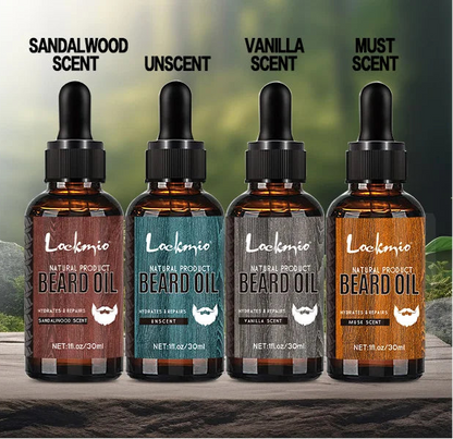 Four bottles of Lockmio beard oil with different scents on a wooden surface.