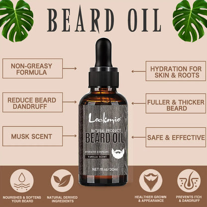 Beard oil bottle with features listed on a beige background