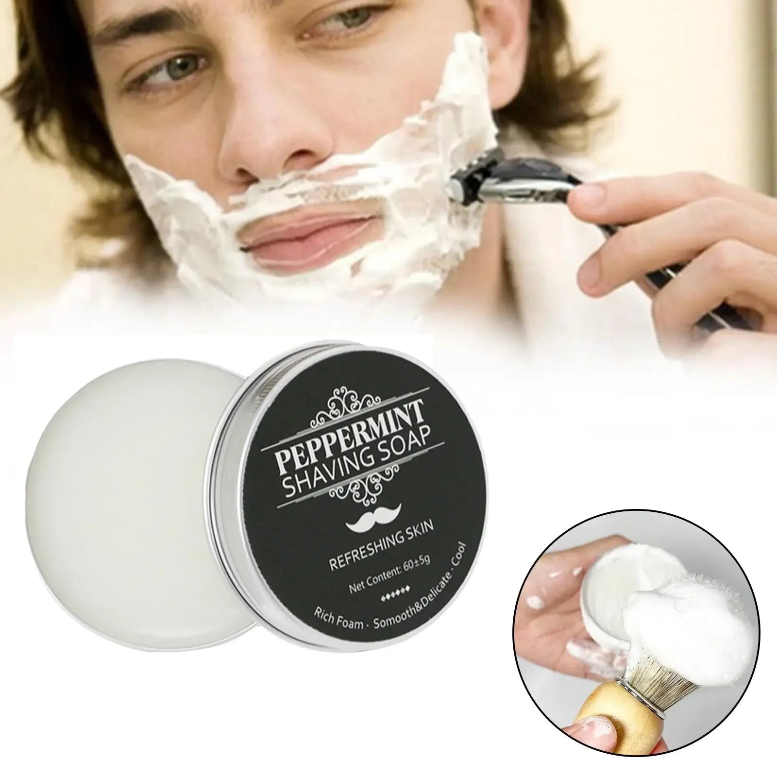 Men's shaving soap with a close-up of a person shaving and a brush with soap.