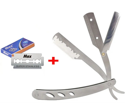 Metallic straight razors with a box of Max brand blades on a white background