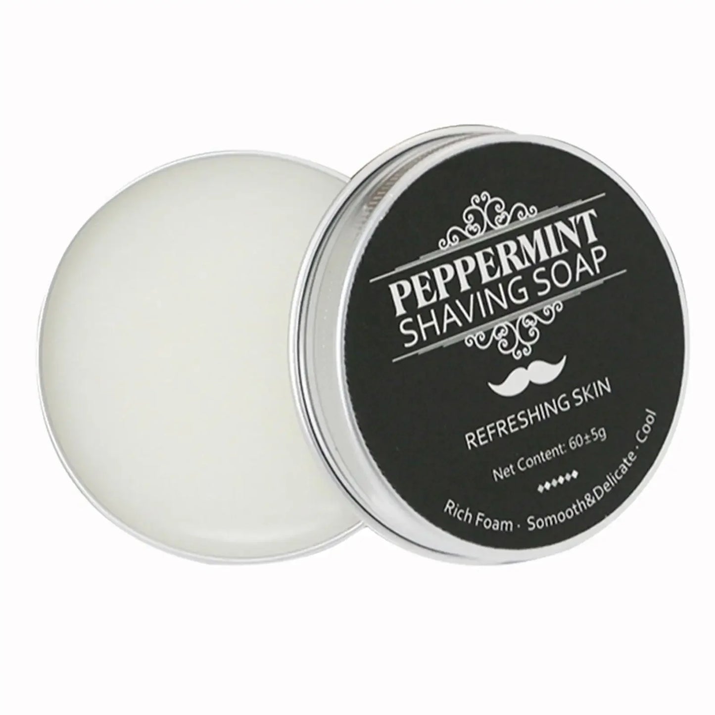 Peppermint shaving soap in a tin with a black label on a white background