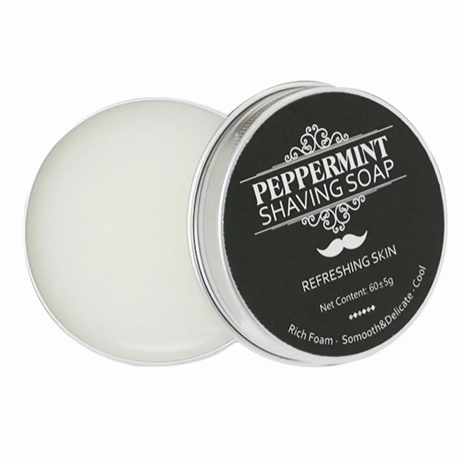 Peppermint shaving soap in a tin with a black label on a white background