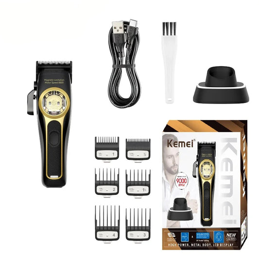 Kemei KM-2373 hair trimmer set with attachments and packaging on a white background