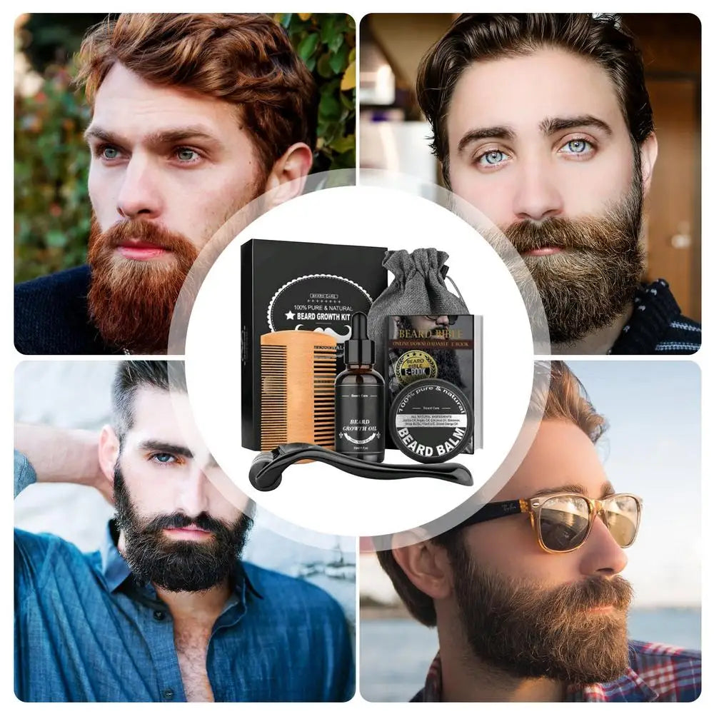 Collage of men with beards and a beard grooming kit in the center.