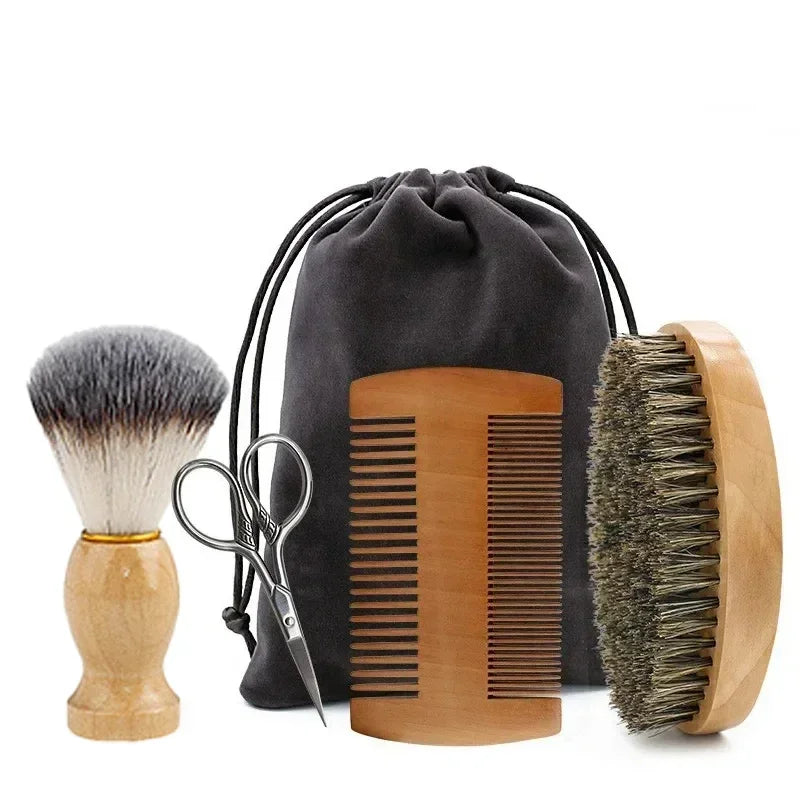 Set of grooming tools including a brush, scissors, comb, and scrubber with a drawstring bag on a white background.