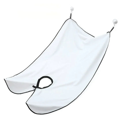 White towel with black trim hanging on a white background
