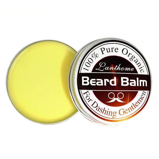 Beard balm container with yellow paste and branded lid on a white background