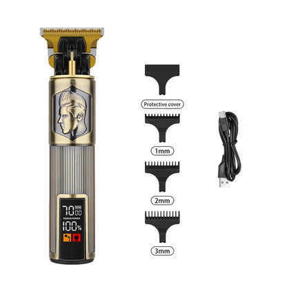 Hair trimmer set with attachments and charging cable on a white background