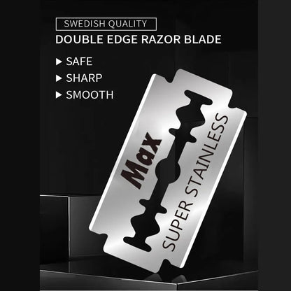 Double edge razor blade with 'Max Super Stainless' branding on a black background