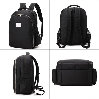 Black backpack shown from multiple angles on a white background