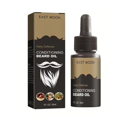 East Moon Conditioning Beard Oil packaging and bottle with dimensions on a white background