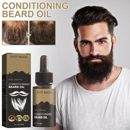 Man with a beard next to East Moon Conditioning Beard Oil packaging and bottle.
