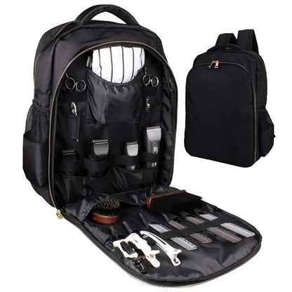 Black grooming backpack with open compartments on a white background