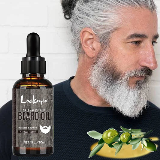 Beard oil bottle with a man on a white background