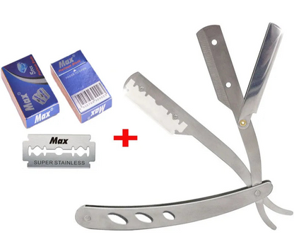 Metallic straight razors with Max brand blades on a white background