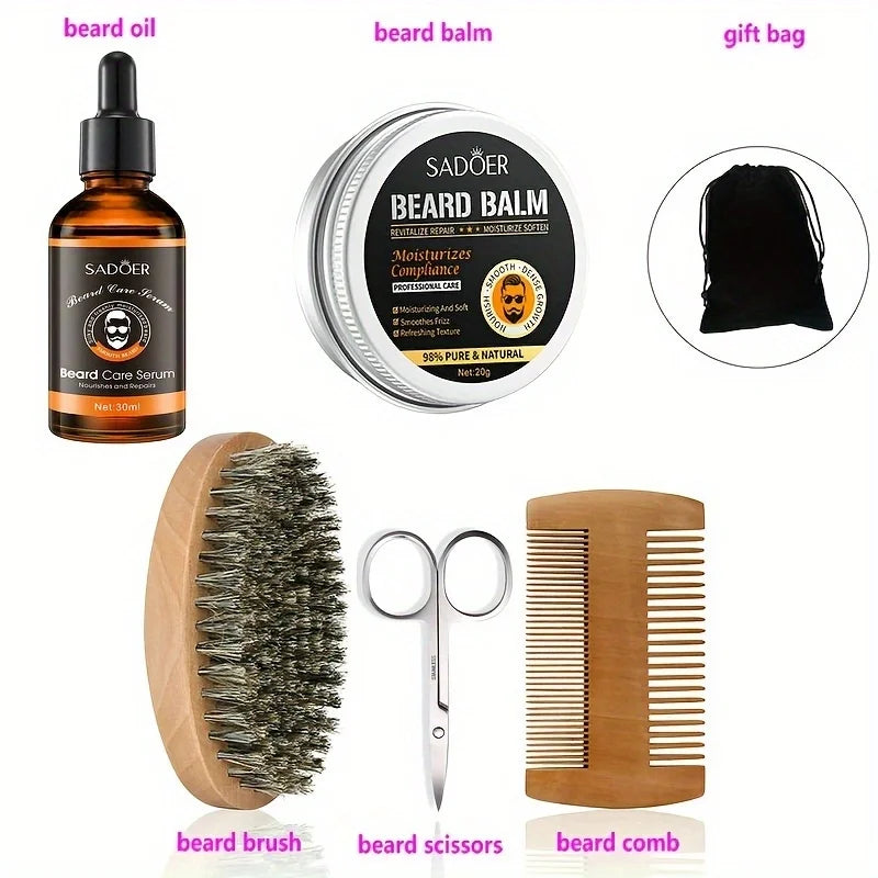Collection of beard care products including serum, balm, brush, scissors, and comb on a white background.