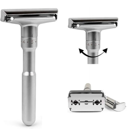 Silver safety razor with interchangeable heads on a white background