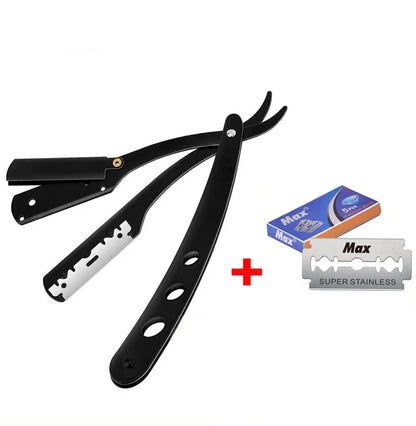 Black folding razor with Max brand razor blades on a white background