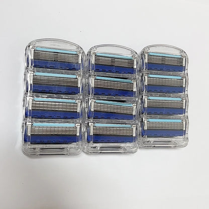 Set of razor blades in clear plastic cases on a white background