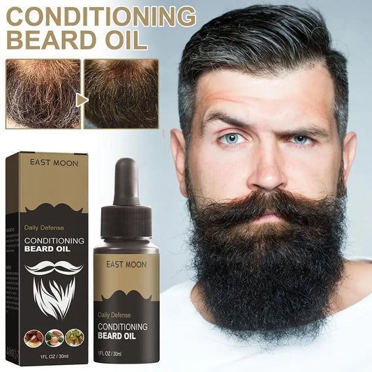 Beard oil packaging with a man with a full beard and before-and-after images.