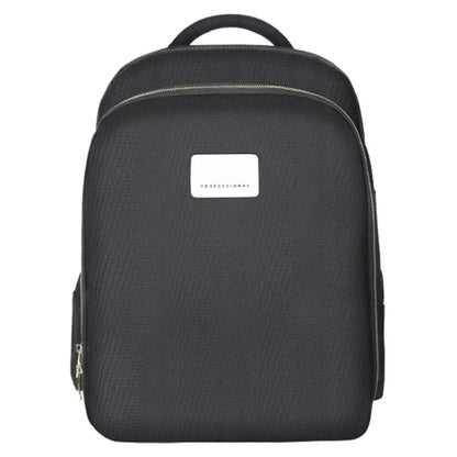 Black backpack with a visible brand logo on a white background