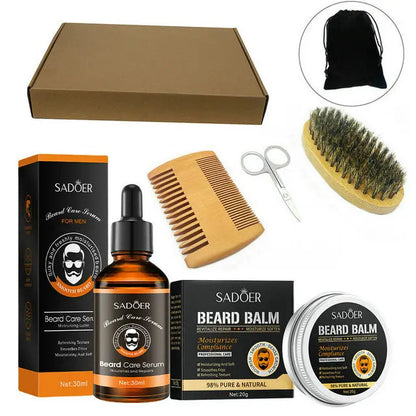 Collection of Sadero beard care products including serum, balm, comb, and brush on a white background.