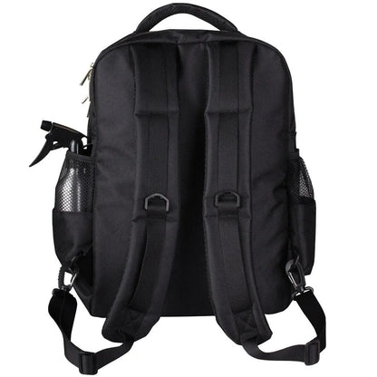 Black backpack with multiple pockets and straps on a white background