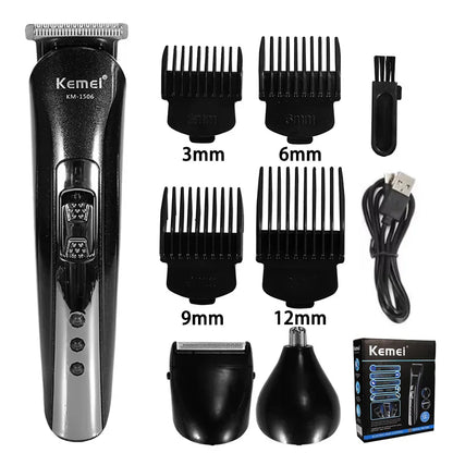 Kemei hair trimmer set with attachments and packaging on a white background